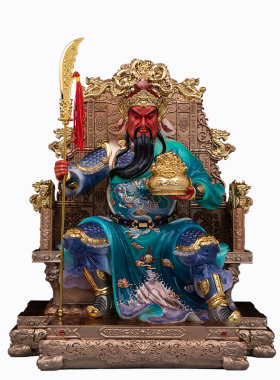 汉白玉彩绘关公武财神供奉摆件