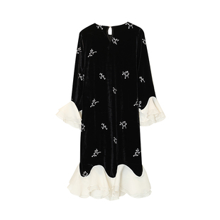 春秋冬超丝绒拼接欧根纱宽松圆领时尚洋气连衣裙荷叶边裙中裙黑色
