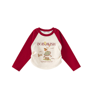 INSbobo女童上衣2026春季新款宝宝插肩袖红色春秋儿童长袖t恤童装