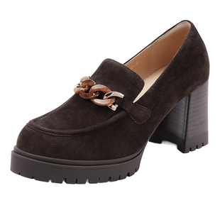 哈森粗跟增高一脚蹬高跟绒面乐福鞋舒适百搭女鞋2026新款HS267158