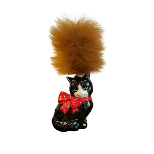 手绘猫咪陶瓷花瓶羊毛掸子套装 复古可爱桌面装饰摆件掸尘神器