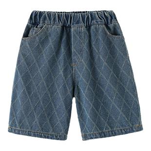 砚台家童装儿童蓝色牛仔裤春秋帅气童服男童格子七分裤男宝直筒裤