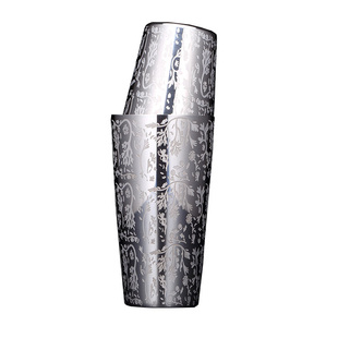 304镜面不锈钢蚀刻欧式花纹波士顿调酒器摇酒壶刻花雪克壶Shaker