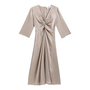 bash春季法式优雅气质香槟灰扭结缎面收腰连衣裙礼服长裙1H24IMEL