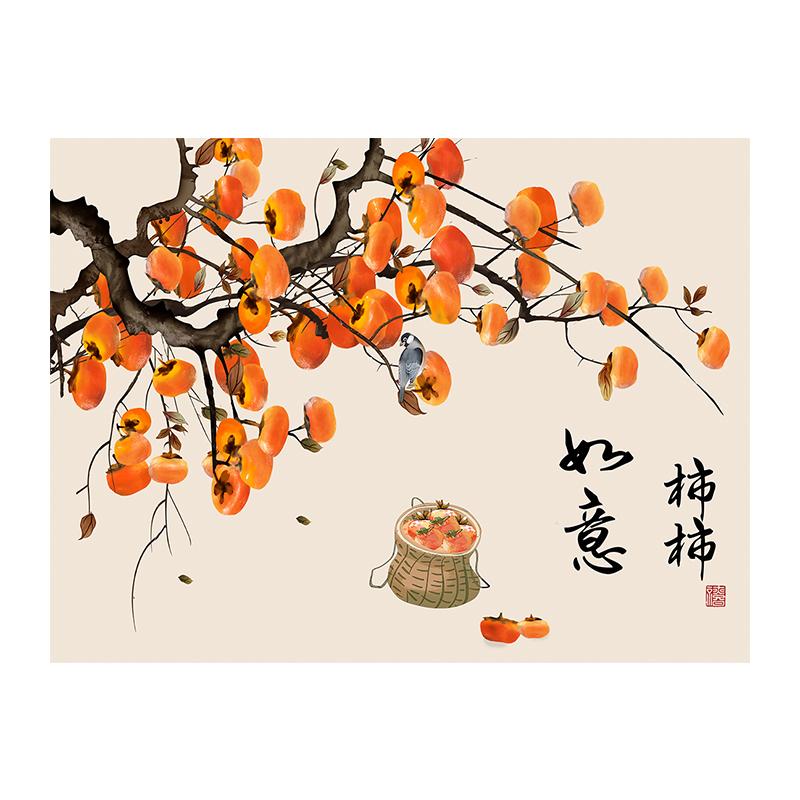 新中式柿柿如意自粘贴画客餐厅电表箱装饰画背胶海报定制背景墙纸