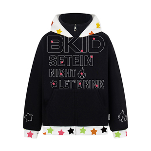 SREK休闲风长袖星星印花连帽卫衣男女宽松拉链开衫情侣帽衫外套