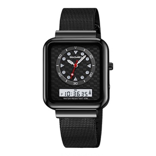 时刻美不锈钢网带手表方形双显电子表东南亚外贸商务休闲款