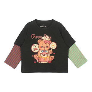 大耳象女童拼接条纹袖印花T恤2026春季新款宝儿假两件休闲长袖