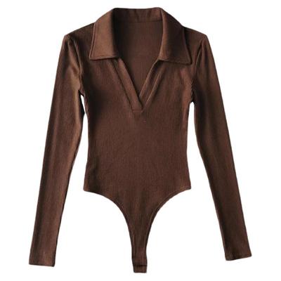 欧美bm风v领连体衣女勒阴春秋辣妹穿搭连裆长袖针织打底衫上衣ins