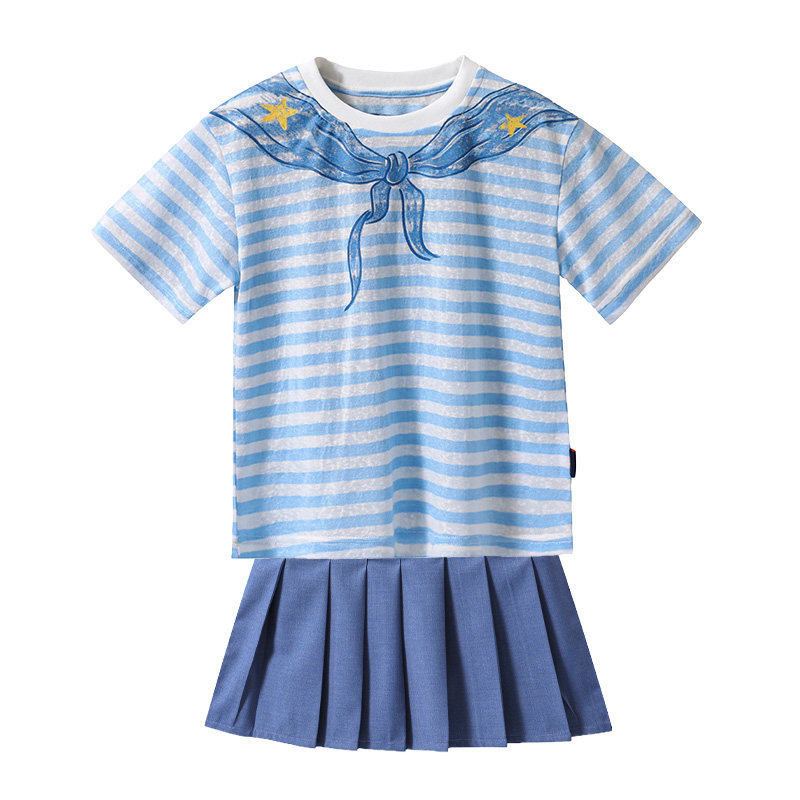 儿童演出服短袖T恤海军风条纹男女童套装新款毕业表演服合唱夏装