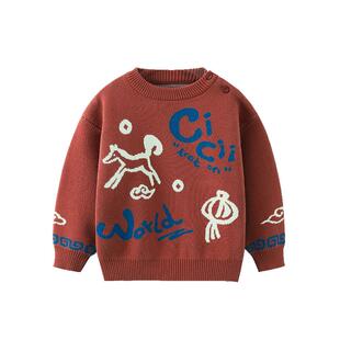 [骏马福裳纯棉抗静电起球]齐齐熊宝宝毛衣冬季加厚男童新年红色女