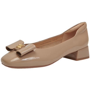 商场同款百田森春新款蝴蝶结牛漆皮真皮鞋女方头浅口粗跟单鞋