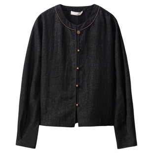 一丝牵 100%桑蚕丝香云纱龟裂纹夹克开衫宽松显瘦真丝圆领外套春