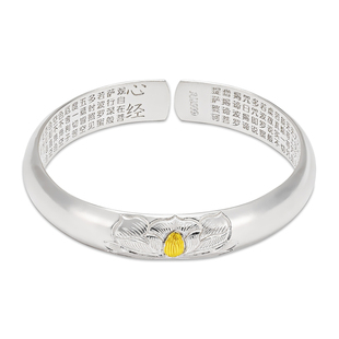 航达银匠 传承手工镶金莲花心经银手镯足银999开口实心泥鳅背银镯