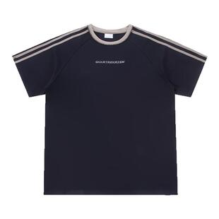 GKKRT美式复古重磅串珠短袖T恤男款宽松潮牌条纹插肩五分袖上衣服