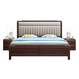 新中式实木床1.8m双人床轻奢大气卧室储物软包皮靠2米乌金木大床