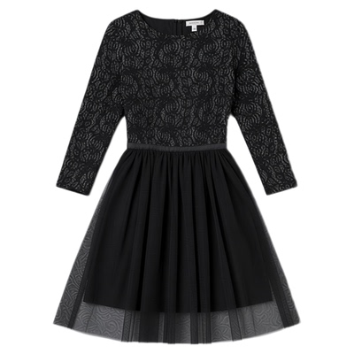 黑色长袖银丝拼接网纱收腰连衣裙