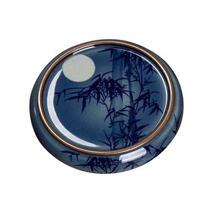 老陶泥手绘青花竹子盖置盖托高档茶具纯手工月光竹影壶承杯垫底座