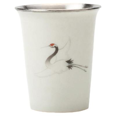 茶杯纯银999包银杯银茶杯品茗杯主人杯一张打手工白瓷手绘杯 仙鹤
