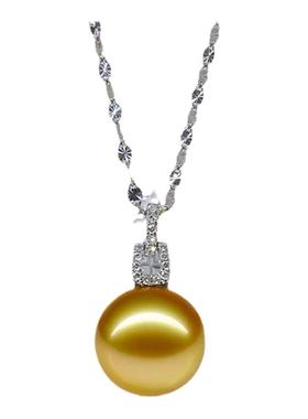 挚彩珠宝母贝珍珠颈链大颗粒南洋浓金色吊坠纯银正圆强光送妈妈女