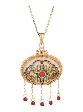 中国风古典旗袍汉服配饰吊坠珐琅彩绘花开富贵仿和田玉复古项链女