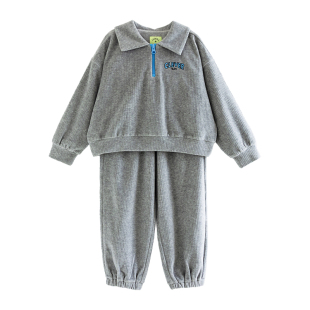 ILOVEJ童装春季男童女童灰色螺纹天鹅绒韩版运动套装/JWFSE02