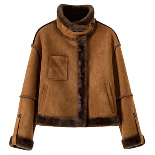 【商场同款】奕辰2025冬季新款毛绒拼接短款外套翻领保暖加厚长袖