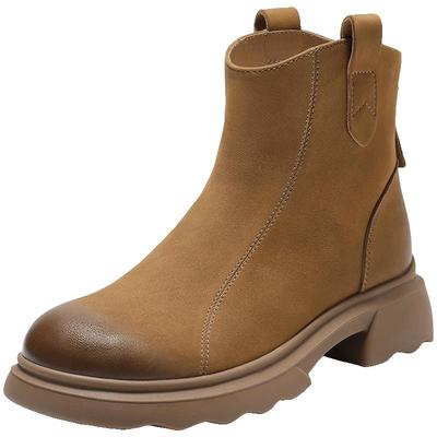 百丽复古时装超软羊皮靴新款加绒雪地靴显瘦粗高跟短靴E5S1DDD5