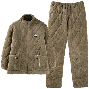 可外穿睡衣女秋冬款珊瑚绒加厚加绒三层夹棉棒球服保暖家居服套装