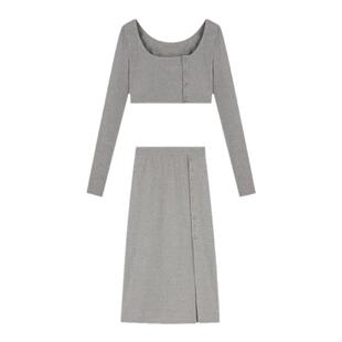 秋装气质女神范套装港风复古chic时尚气质辣妹中长款开叉裙两件套