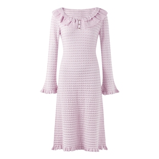 MISSCOCOON可可尼荷叶边长袖裙子女2025秋季新款针织绵羊毛连衣裙