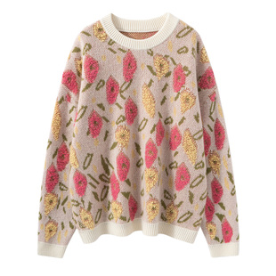 色彩斑斓 重工立体毛巾绣 山羊绒女圆领加厚毛衣宽松针织打底衫