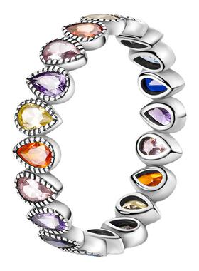 原创设计彩虹水滴锆石戒指铜镀S925银女2024新品diy配饰