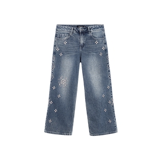 Desigual新品【明星同款】银丝刺绣花卉设计直筒女士牛仔裤
