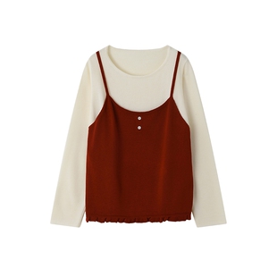 时然大码新年圣诞红色针织衫春秋新款韩系微胖假两件长袖女装上衣