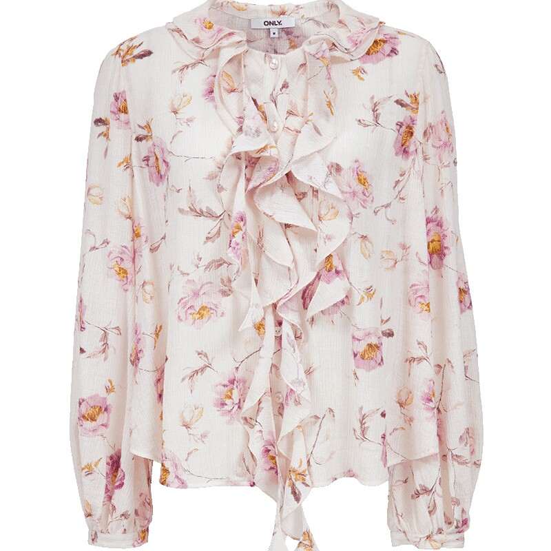 ONLY2026春季新款浪漫法式印花荷叶边圆领宽松显瘦长袖衬衫上衣女