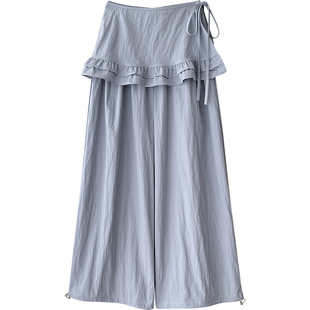 日韩系抽绳束脚两穿两件套阔腿裤女春夏搭配木耳边屁帘直筒休闲裤