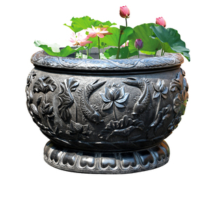 石雕鱼缸圆形荷花盆天然青石新中式仿古庭院花园养鱼水缸户外摆件