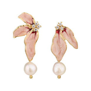 法式轻复古不对称耳钉天然珍珠滴油粉色花朵气质高级感925银镀金