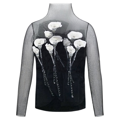 山谷少年重立体法绣花朵网纱打底