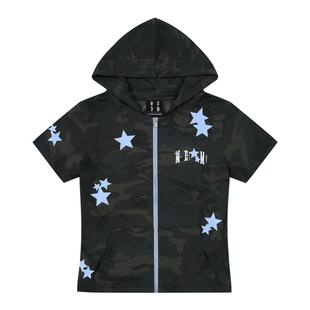 MEDM 迷彩星星贴皮休闲短袖帽衫可爱风拉链修身显瘦开衫连帽T恤女