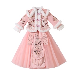 汉服女童马面裙套装加绒加厚冬款古装连衣裙女孩拜年服裙子秋冬装