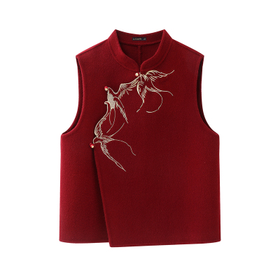 拉夏贝尔/La Chapelle春季新款立领新中式刺绣外搭无袖毛呢马甲女