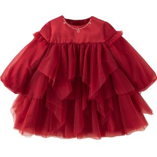 戴维贝拉秋装女童红色连衣裙儿童公主裙小童宝宝新年网纱礼服裙子