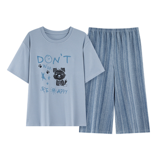 芬腾可安短袖七分裤睡衣女款夏季家居服2026新款纯棉带胸垫可外穿