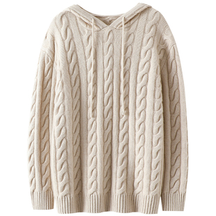 软糯软糯的爱~加厚100%纯山羊绒帽衫女绞花纯羊绒毛衣秋冬季宽松