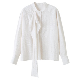 AMOR禾末“浪漫诗人”肌理感格纹法式飘带长袖宽松白衬衫上衣女