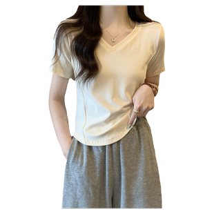 纯棉短款V领上衣短袖女ins潮流百搭韩版夏季修身显瘦半袖上衣体恤