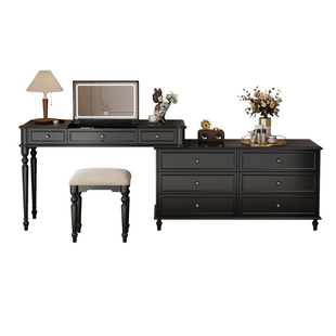 法式复古实木梳妆台斗柜一体卧室床尾翻盖化妆桌收纳柜中古风黑色