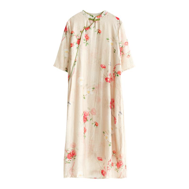 小耳出品【花开富贵】莱赛尔印花连衣裙 立领盘扣斜襟中长裙女